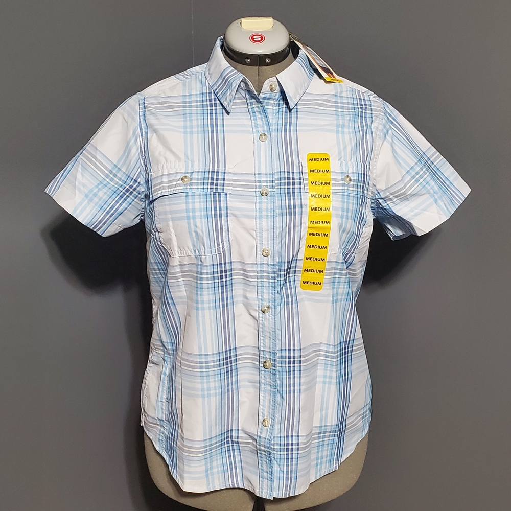 NWT Eddie Bauer Light Blue Plaid Short Sleeve Button Up Shirt Women's Size M